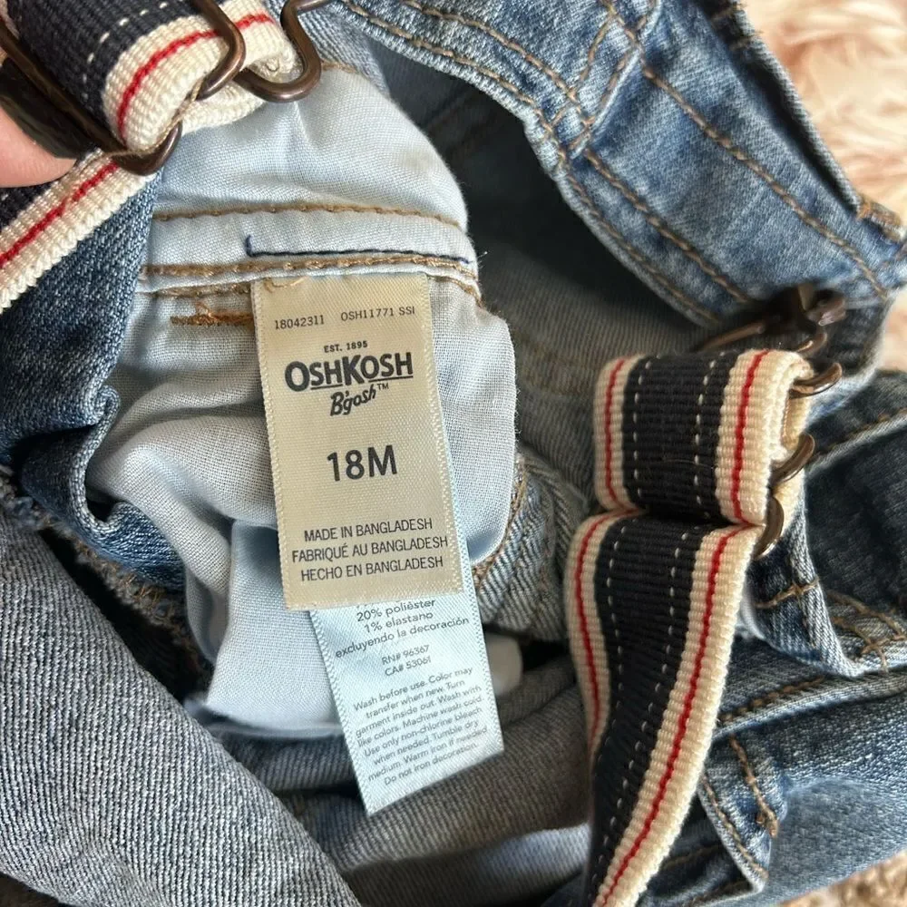 Oshkosh B’gosh Blue Jean Denim Vestbak Stripe Strap Overalls Baby‎ Sz 18 Mo